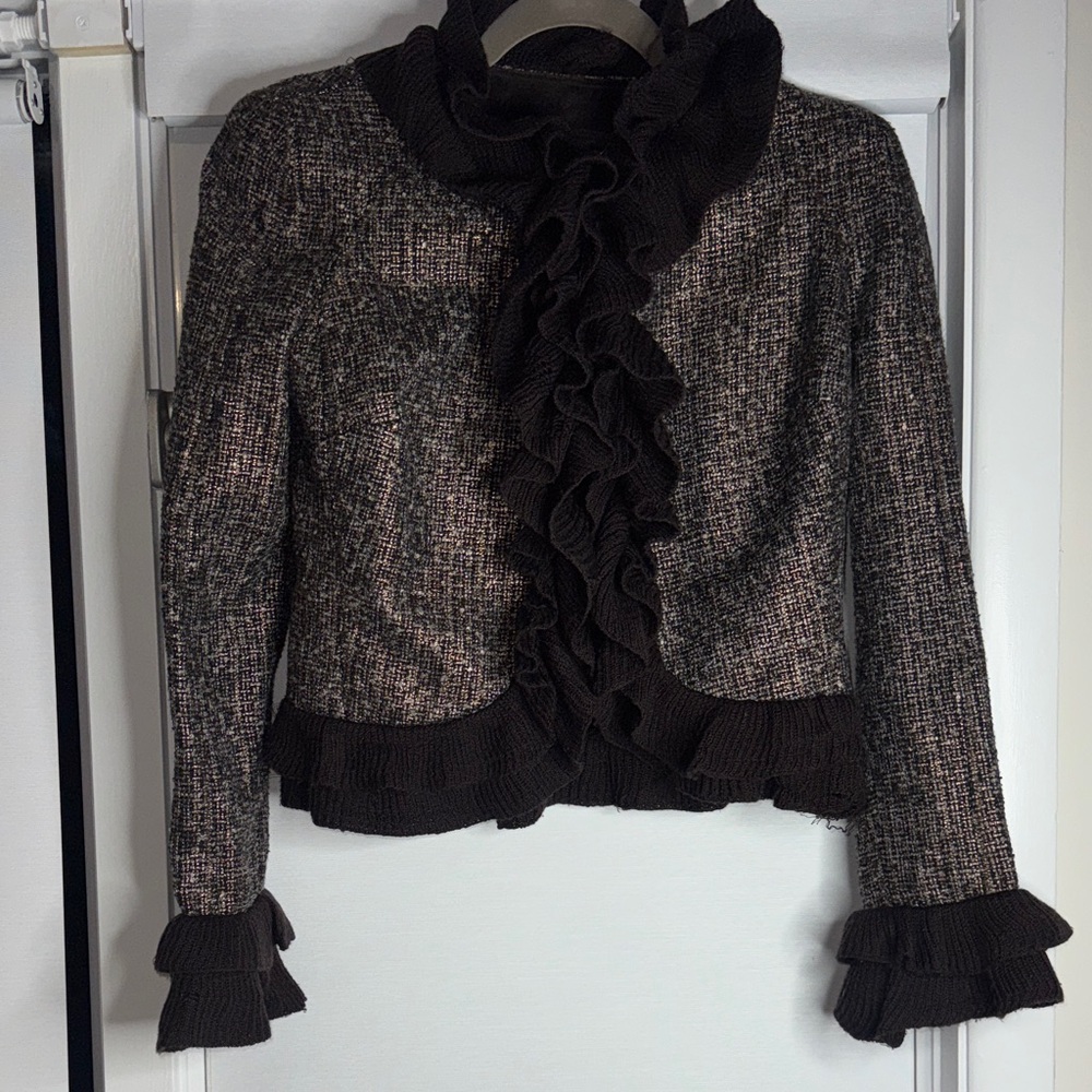 Magaschoni Black and Gray Tweed Jacket with Ruffle